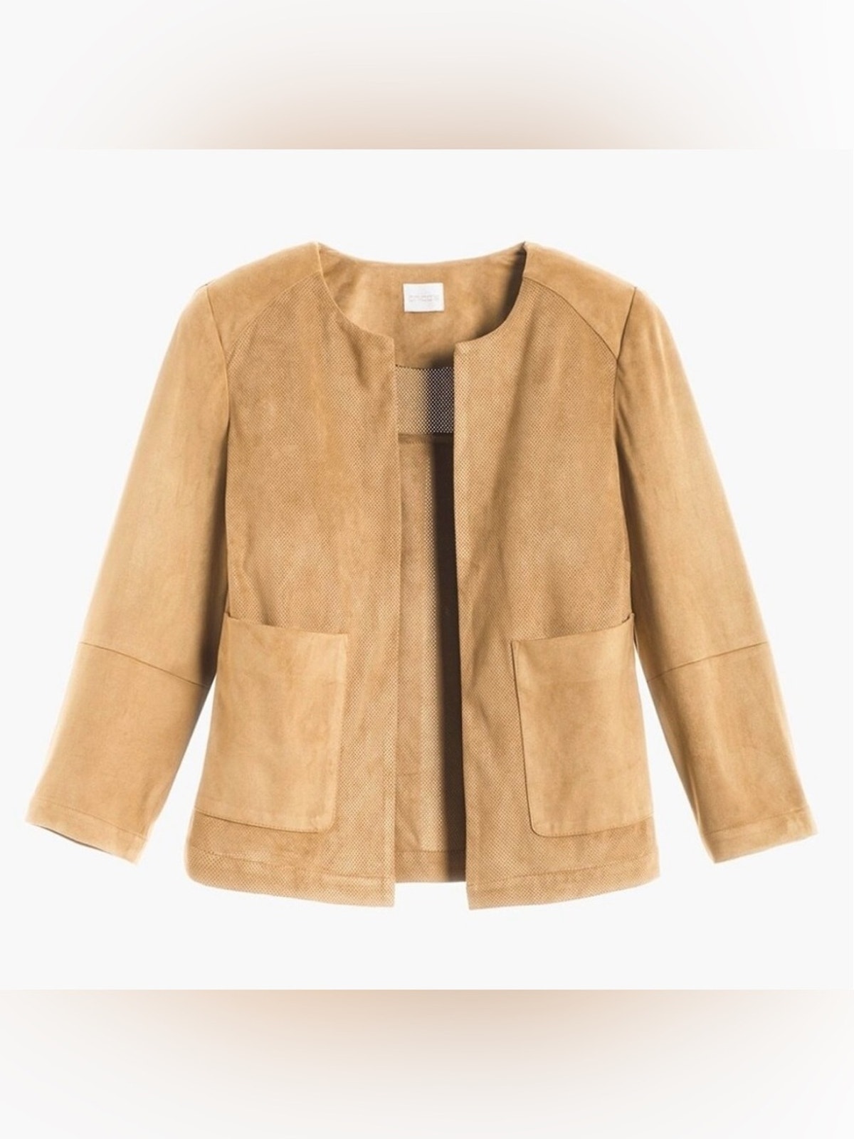 Chico’s Jacket Women's Size 3 (L/16) Caramel Faux Suede Perforated Open Front